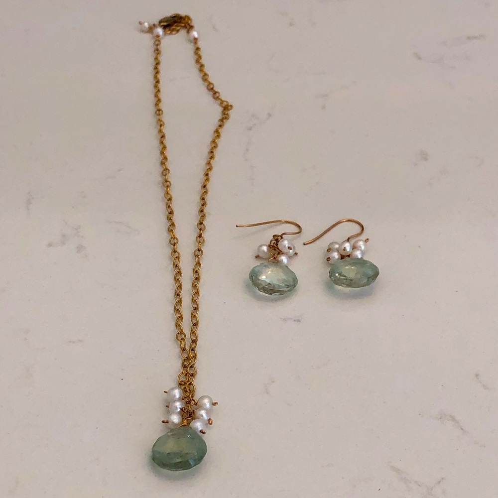 Gold Filled Green Amethyst and Pearl Necklace with Earrings